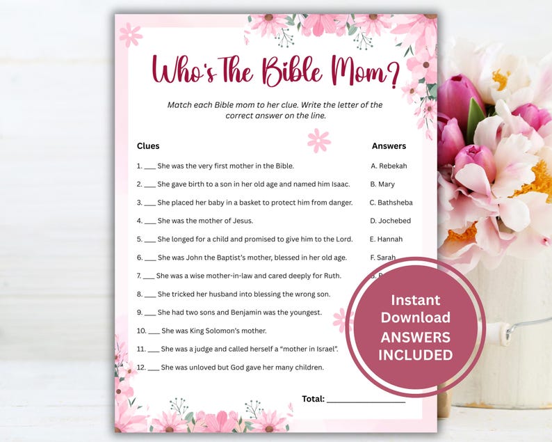 May include: A pink and green printable Bible trivia game with the title "Who's The Bible Mom?"  The game has 12 questions and answers about mothers in the Bible.  The game is designed for a baby shower or other event.