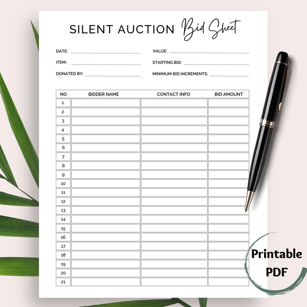 Silent Auction Bid Sheet Printable, Bidding Sheet For Fundraiser Events, Printable Auction Template, Instant Download PDF