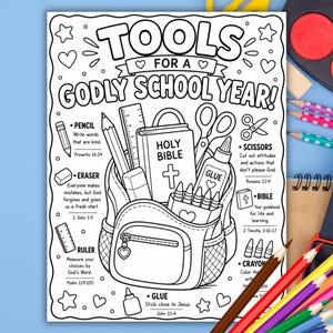 Tools For A Godly School Year Coloring Page Printable, Back To School Christian Activity For Kids, VBS Sunday School Bible Lesson