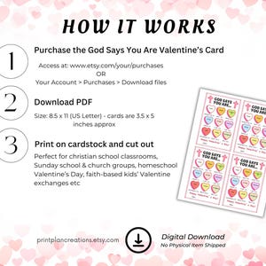 May include: A digital download graphic with instructions on how to purchase, download, and print Valentine's Day cards. The cards feature colorful heart-shaped candies with religious messages. The text includes "How It Works" and "God Says You Are."