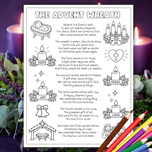 May include: A black and white printable activity sheet titled THE ADVENT WREATH featuring text about Advent, illustrations of a manger, candles, a heart with a cross, and bells, accompanied by a set of colored pencils in the foreground.