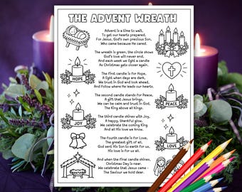 May include: A black and white printable activity sheet titled THE ADVENT WREATH featuring text about Advent, illustrations of a manger, candles, a heart with a cross, and bells, accompanied by a set of colored pencils in the foreground.