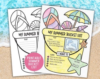 Summer Bucket List Coloring Page Printable, Bucket List Worksheet Template, Summer Template For Kids, Summer Activities Checklist