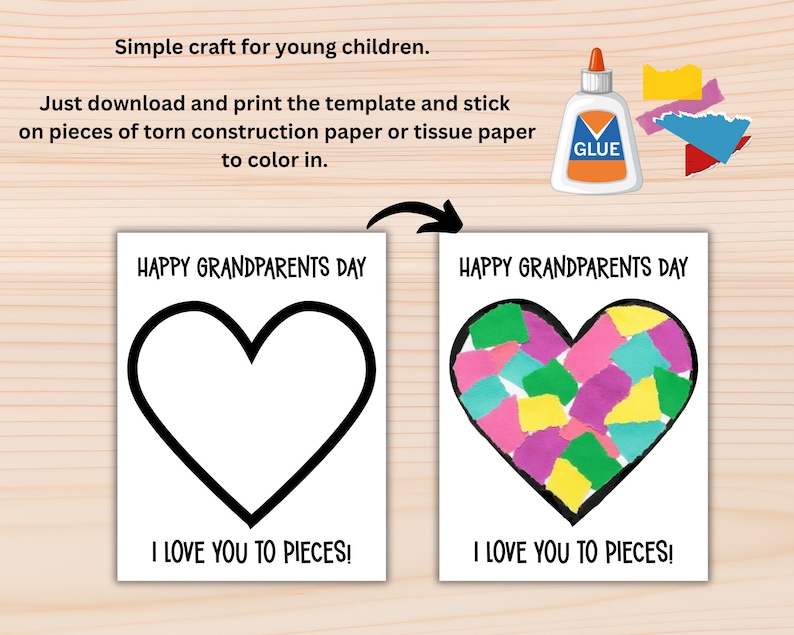 May include: Two white cards with black text and heart outlines. One card has a blank heart, the other has a heart filled with colorful paper pieces. Text reads "HAPPY GRANDPARENTS DAY" and "I LOVE YOU TO PIECES!"