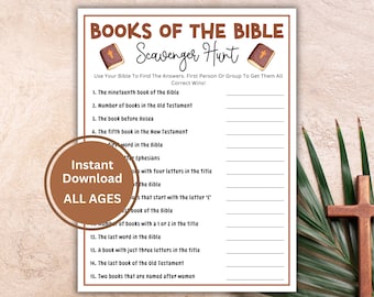 Books Of The Bible Scavenger Hunt Game, Gra biblijna dla dzieci i dorosłych, Grupa młodzieżowa, Służba kobiet, Szkoła niedzielna, Chrześcijańska impreza rodzinna