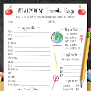 School Staff Get To Know You Survey, Teacher Favorite Things List, All About Me Questionnaire, Appreciation Gifts, Employee Favorite Things