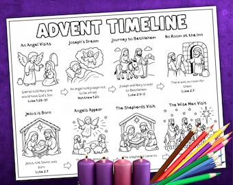 Advent Timeline Coloring Page Printable, Christmas Bible Story Countdown, Birth Of Jesus Sunday School Activity, Nativity Kids Bible Lesson