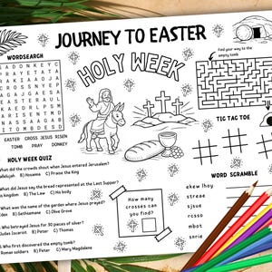 以下が含まれることがあります： 「Journey to Easter Holy Week」のテキストが入った、白黒のイースターをテーマにしたアクティビティシート。単語検索、迷路、クイズ、三目並べ、単語スクランブルが含まれています。色鉛筆が見えます。
