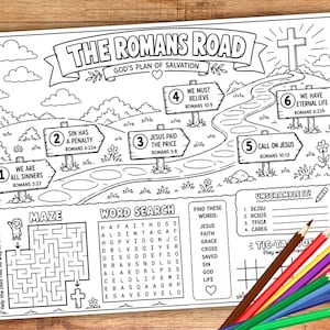 Könnte beinhalten: Ein schwarz-weißes, ausdruckbares Arbeitsblatt mit dem Titel The Romans Road God's Plan of Salvation, das einen gewundenen Pfad mit sechs nummerierten Wegweisern, ein Labyrinth, ein Wortsuchrätsel und Tic-Tac-Toe zeigt, inklusive Buntstiften.