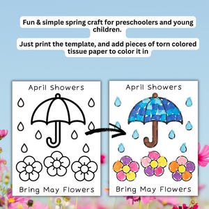 Puede incluir: Una plantilla de manualidades de primavera para ni&ntilde;os peque&ntilde;os. La plantilla presenta un paraguas, gotas de lluvia y flores. El texto dice "April Showers" y "Bring May Flowers". La imagen muestra la plantilla antes y despu&eacute;s de colorear.