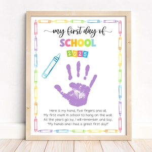 Eerste dag van school handafdruk kunst, terug naar school handafdruk ambachtelijk gedicht, afdrukbare sjabloon 1e dag, voorschoolse homeschool klasactiviteit