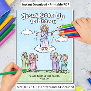 Puede incluir: Una p&aacute;gina para colorear en PDF imprimible titulada "Jesus Goes Up to Heaven". La ilustraci&oacute;n representa a Jes&uacute;s ascendiendo al cielo, rodeado de nubes, con figuras debajo. Se incluye el texto "He was taken up into heaven. Acts 1:9". El tama&ntilde;o es de 21,6 x 27,9 cm.