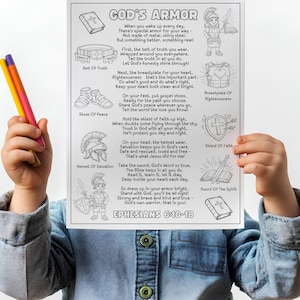 May include: Black and white coloring page titled "God's Armor" with illustrations of a Bible, belt, shoes, helmet, breastplate, shield, and sword. The text includes a poem from Ephesians 6:10-18.