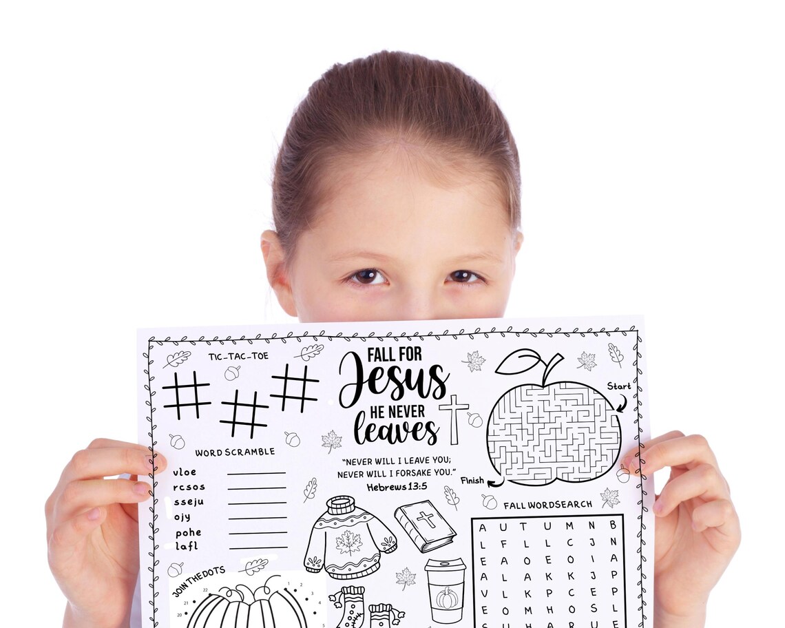 Fall for Jesus He Never Leaves Activity Placemat Printable, Christian