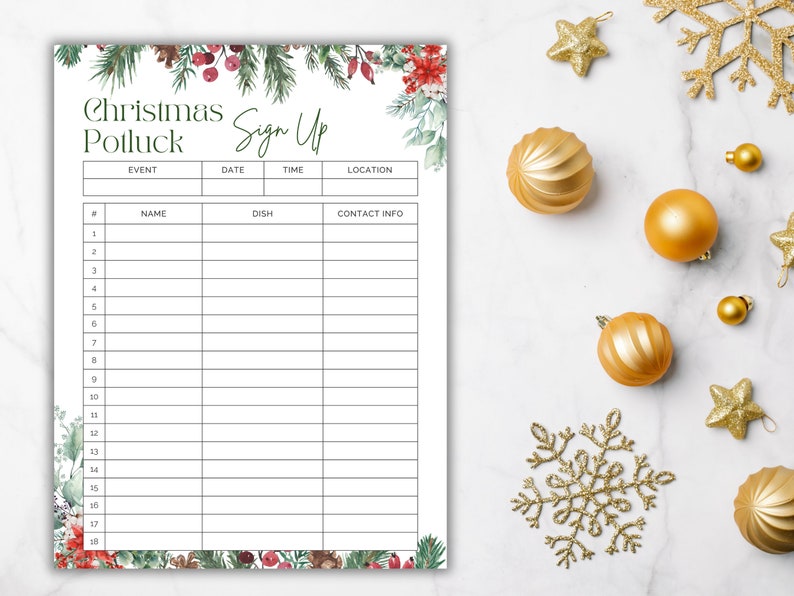 Christmas Potluck Sign up Sheet, Printable Potluck List, Potluck ...