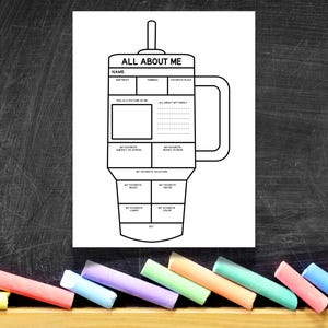 May include: Black and white "All About Me" printable worksheet in the shape of a mug. The worksheet includes sections for name, birthday, hobbies, a picture, and more. Colorful chalk sticks are at the bottom.