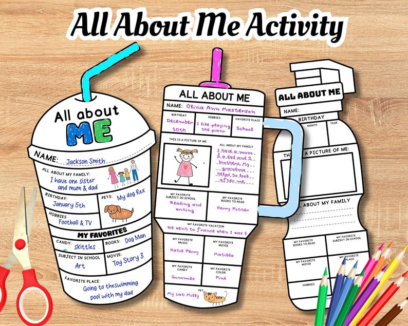 May include: A colorful "All About Me Activity" printable, shaped like a drink, with sections for name, family, favorites, and hobbies. Includes text and illustrations, perfect for kids to fill out. A fun educational tool.