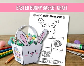 Manualidad de canasta de conejito de Pascua para niños, manualidad para colorear de Pascua, recortar y pegar, manualidad de papel imprimible de canasta de Pascua, regalo de Pascua para niños