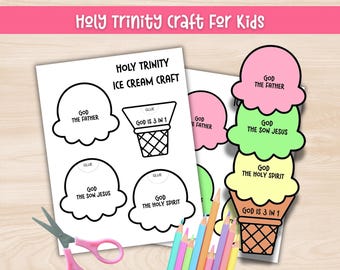 Manualidad imprimible de la Santísima Trinidad, manualidad para colorear de verano, manualidad de helado, actividad para la escuela dominical, lección bíblica para niños, manualidad de papel para preescolares de la Escuela Bíblica de Verano