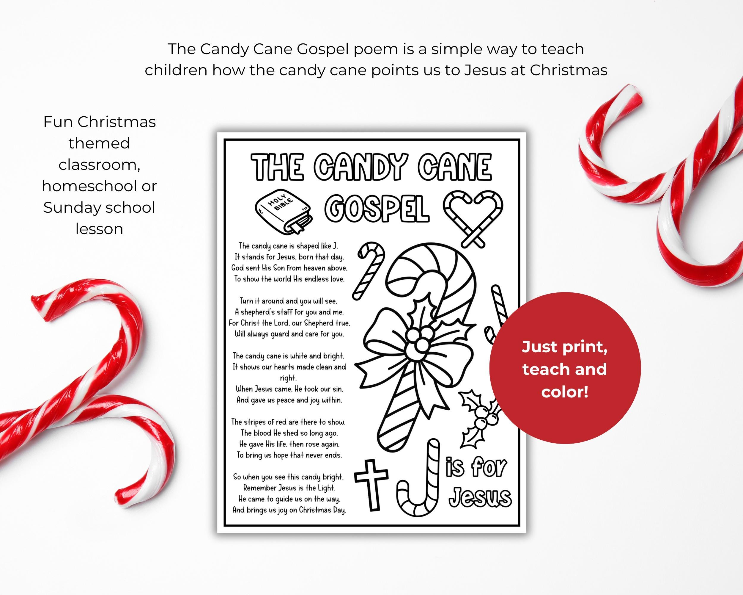 Candy Cane Bible Lesson Coloring Page, Candy Cane Poem Craft, Christmas ...