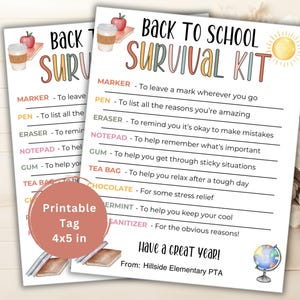 Back To School Survival Kit Tag, DIY Gift From PTA PTO, School Survival Kit, Welcome Back Gift Tag, First Day, Teacher Staff Student