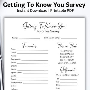 Employee Favorite Things Survey, Coworker Questions Printable, All About Me Questionnaire, Get To Know You, Gift Exchange Ideas