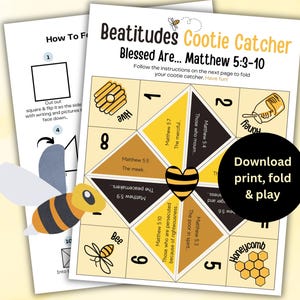 May include: A printable "Beatitudes Cootie Catcher" game with instructions. The design features a bee theme with honeycomb and hive illustrations. The text includes "Download, print, fold & play."