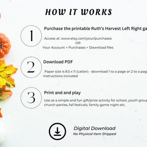 May include: A digital download graphic with instructions for a printable game. The text reads "How It Works" with steps to purchase, download, and print the game. Decorative pumpkins and autumn leaves are in the corners.