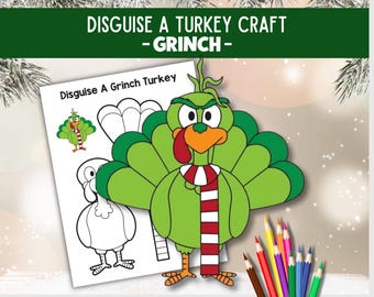 Disguise a Turkey Grinch Craft, Thanksgiving Printable Activity, Turkey Day Cut And Paste Craft, Grinch Coloring Page for Kids