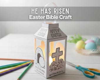 Travaux manuels Il est ressuscité pour enfants, lanternes en papier, travaux manuels bibliques de Pâques, activité manuelle de coloriage de Pâques, leçon d'école du dimanche Écritures Matthieu 28:6