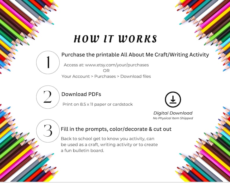 May include: A white background with colorful pencils in the corners. Text reads "HOW IT WORKS" and details the steps for a printable "All About Me" craft activity. Includes instructions to download PDFs and fill in prompts.