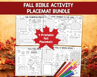 Christian Fall Activity Placemats Bundle,  Pumpkin Prayer, Christian Halloween, Thanksgiving, Sunday School Activity Coloring (Set of 4)