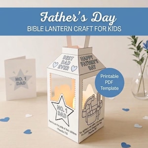 Puede incluir: Una manualidad de farolillo de papel blanco para el Día del Padre con el texto "Father's Day Bible Lantern Craft for Kids". El farolillo tiene formas recortadas y las palabras "Best Dad Ever", "Happy Father's Day" y "No. 1 Dad". También se ve una tarjeta a juego.