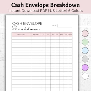 Cash Envelope Breakdown Printable, Cash Tracker Template, Cash Breakdown Sheet, Cash Envelope Tracker, Sinking Fund Tracker, 6 Colors, PDF