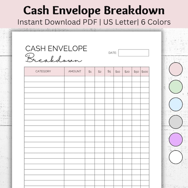 Cash Envelope Breakdown Printable, Cash Tracker Template, Cash Breakdown Sheet, Cash Envelope Tracker, Sinking Fund Tracker, 6 Colors, PDF
