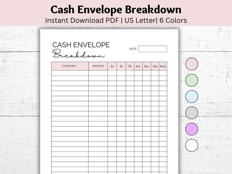 Cash Envelope Breakdown Printable Cash Tracker Template Cash Etsy