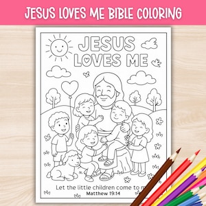Pagina da colorare "Gesù mi ama" stampabile, Matteo 19:14 Attività biblica, lavoretto, attività per la scuola domenicale, lezione biblica per bambini, attività per il campo estivo biblico