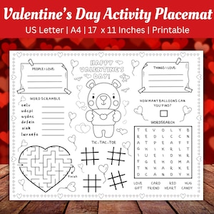 Printable Valentines Activity Placemat, Coloring Page, Valentine's Day Activity Sheet, Games, Valentine's Placemat Craft, School Classroom