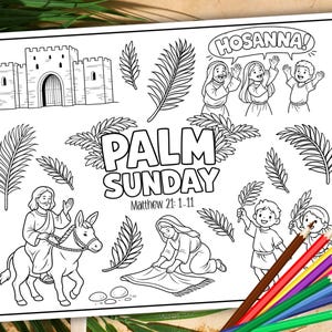 Página para colorear imprimible del Domingo de Ramos, Hoja para colorear del Domingo de Ramos, Actividad para la escuela dominical, Lección bíblica de Semana Santa para niños, Entrada triunfal de Jesús