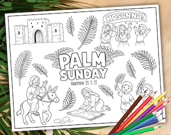 Palm Sunday Coloring Page Printable, Palm Sunday Coloring Sheet, Sunday School Activity, Holy Week Kids Bible Lesson, Jesus Triumphal Entry