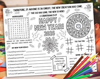 2026 New Year Activity Placemat, Coloring Page For Kids, Printable Christian New Year's Eve Craft Games, Sunday School Bible Lesson Activity