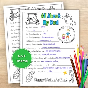 All About My Dad Printable, Father's Day Questionnaire, Golf Gift For Dad, Keepsake Gift From Kids, Golf Printable Coloring Page
