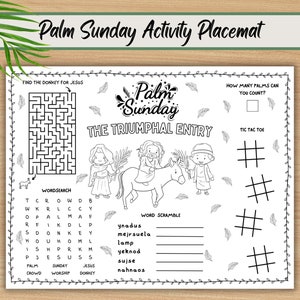 Printable Palm Sunday Activity Placemat, Holy Week, Coloring Page, Palm Sunday Craft, Sunday School Classroom Activity Sheet