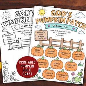 May include: Two sheets of paper featuring a God's Pumpkin Patch design. One sheet is a black and white line art coloring page, and the other is a full-color version with orange pumpkins, a wooden fence, and Bible verses like John 3:16.