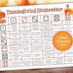 Thanksgiving Dicebreaker Icebreaker-spel, beter leren kennen, dankbaarheidsdobbelsteenspel, Thanksgiving-gesprek voorgerechten, familiespelavond