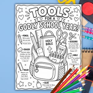 Tools For A Godly School Year Coloring Page Printable, Back To School Christian Activity For Kids, VBS Sunday School Bible Lesson