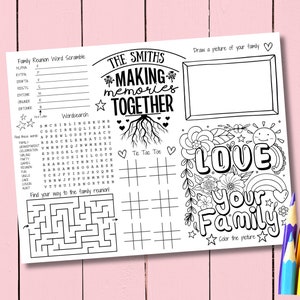 Printable Family Reunion Coloring Placemat For Kids, Family Activity Sheet PDF, Reunion Worksheet, Custom Family Name