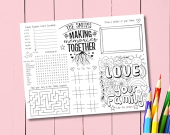 Printable Family Reunion Coloring Placemat For Kids, Family Activity Sheet PDF, Reunion Worksheet, Custom Family Name