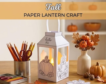 Fall Paper Lantern Craft For Kids,  Hello Fall Coloring Craft Printable, Battery Tea Light Autumn Cut & Paste Craft, Thanksgiving Activity