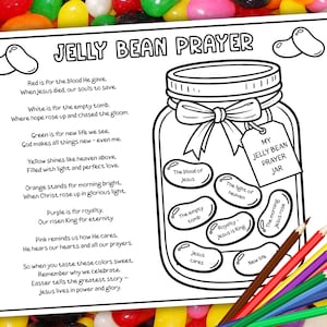 Puede incluir: Dibujo lineal en blanco y negro de un tarro con la etiqueta "Jelly Bean Prayer" con gominolas y texto. El texto explica el significado de los colores de las gominolas. Un manojo de lápices de colores está en la esquina inferior derecha.